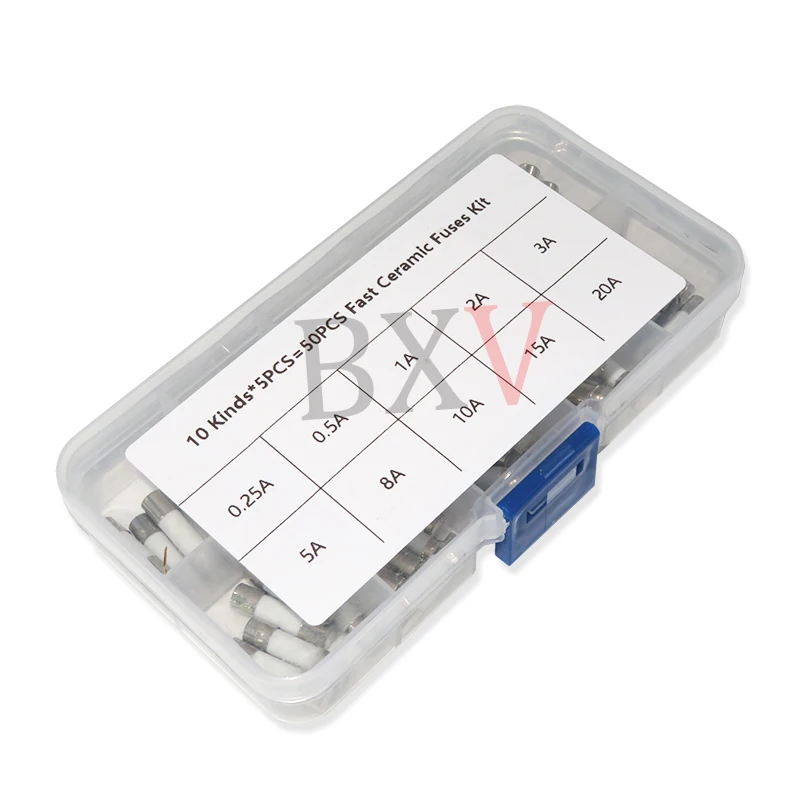 50PCS 10Values Fast Ceramic Fuses Kit  AMP Fuse Tube Assortment 250V 5*20mm 5mm X 20mm 0.25A 0.5A 1A 2A 3A 5A 8A 10A 15A 20 