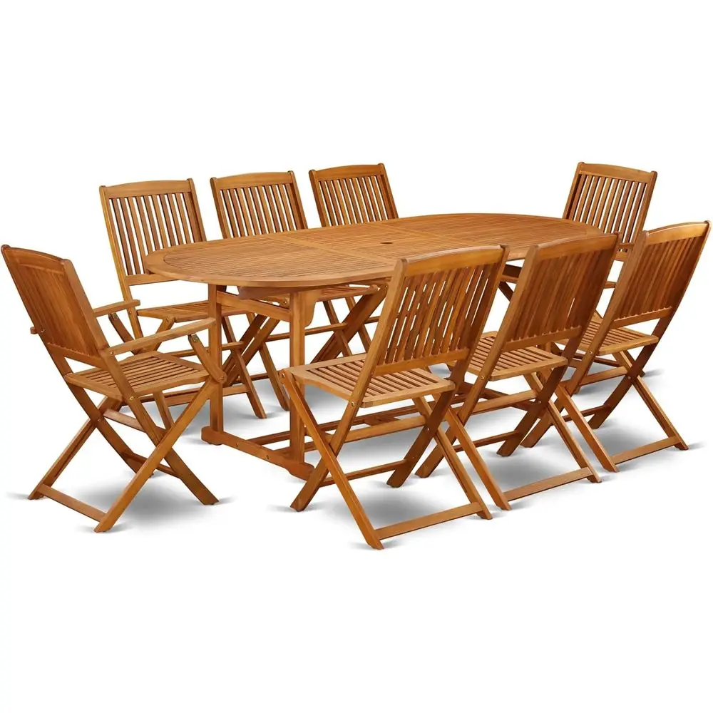

9-Piece Patio Dining Set: Acacia Wood Table with 2 Armchairs & 6 Side Chairs, 36x78, Natural Finish