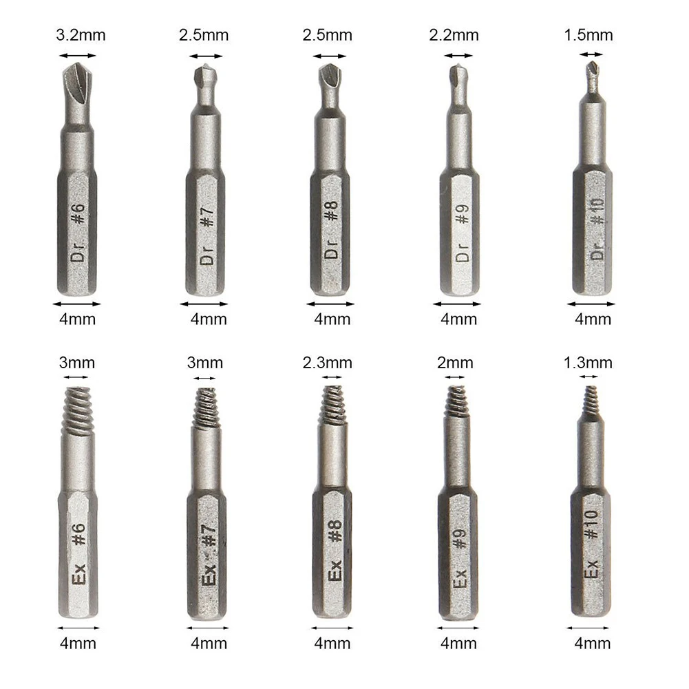 10Pcs 4/6.35mm Damaged Screw Extractor Drill Bit Set Stripped Screw Extractor Kit For Hexagon Screws Broken Bolt Extractor