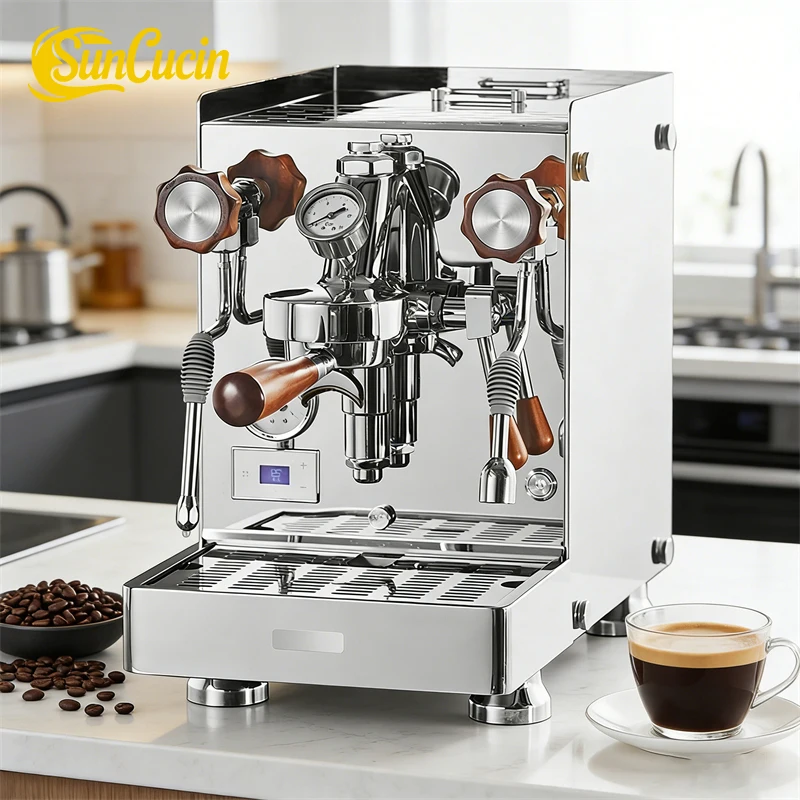 

Professional Commercial Coffee Machine, Dual Boiler Fast Heat ≤50s, 9-15 Bar, One-Touch Steam, Durable 10,000 Cycles Life Test