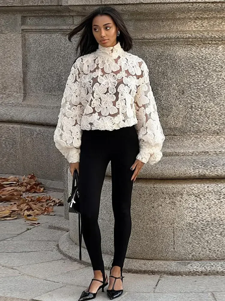 

Sexy See Through Mesh Shirts Women Elegant 3D Flower Lantern Long Sleeve Patchwork Female Shirt 2025 Spring Fashion Lady Tops