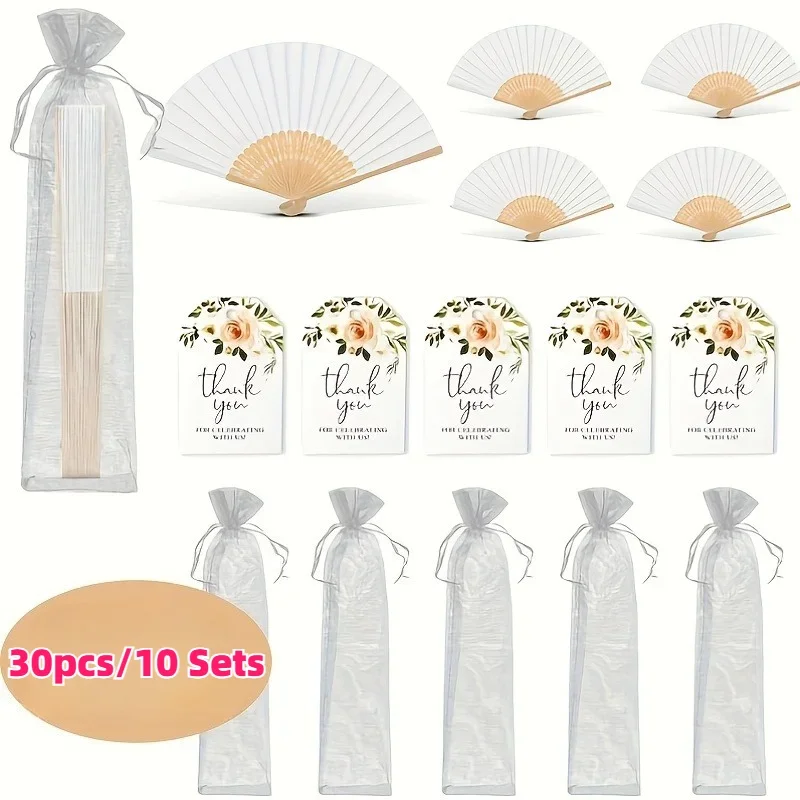10pcs Handheld Ladies Folding Fan Set White with Gauze Bag Tag for Wedding Bridal Gifts Bridal Room Decor Valentine'S Day Party