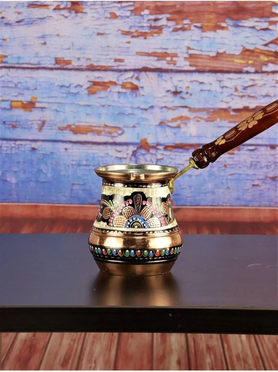 Handmade Rose Engraved Copper Turkish Coffee Pot (Cezve) 8 Cup Capacity 0.5 Liter 0.03 in Thick Copper with Tin Lining and Woode