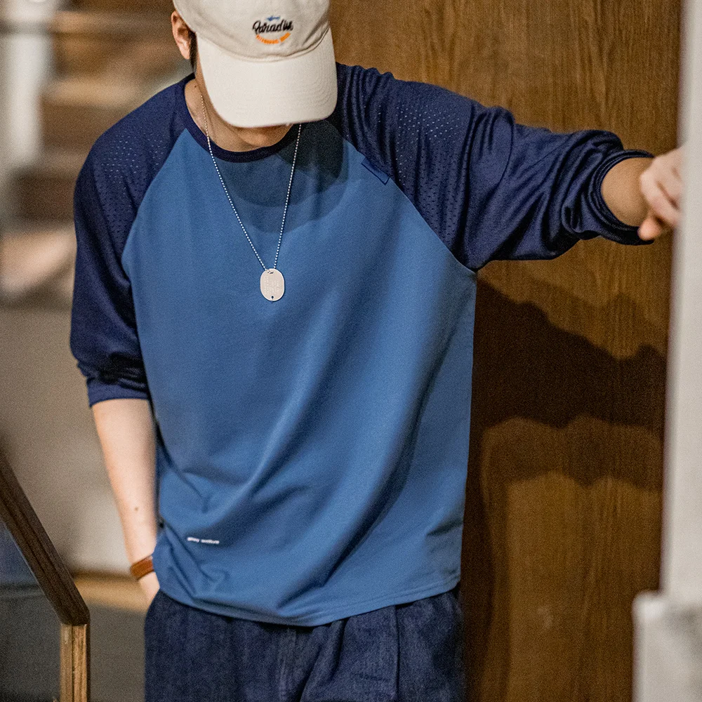 

Maden Повседневная сетчатая футболка с длинными рукавами и цветными блоками, мужской весенний пуловер с круглым вырезом, дышащая многослойная футболка, синий универсальный топ