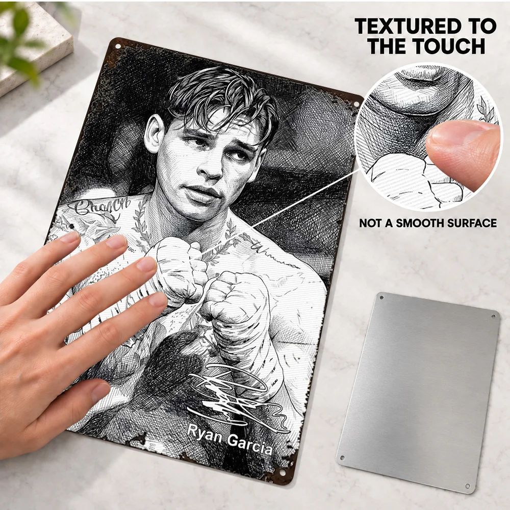 Ryan Garcia Boxing Guard Aluminum Poster Customized Metal Sign Red Gloves Ink Sketch Lines Graphic Wall Art For Training Room