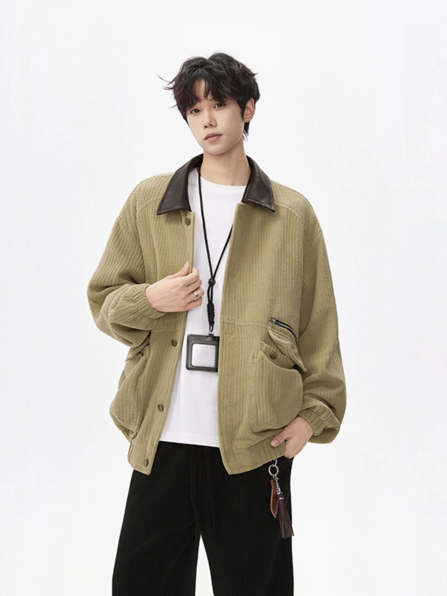 

Barn Sle Men's Workwear Jaet American Retro Striped Texture Harrington Jaet Autumn Haome Turn-down Collar Top