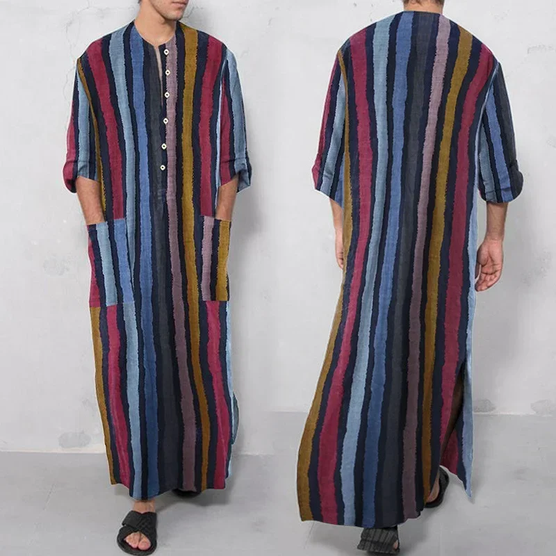 Men Sleep Robe Trendy Muslim Jubba Thobe Men Islam Kaftan Cotton Pakistan Saudi Arabia Djellaba Long Sleeve One-Piece Long Dress