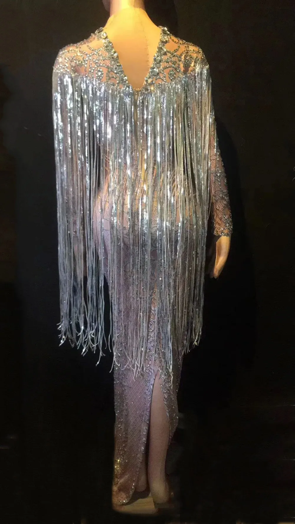 Luxury Evening Celebrate Model Catwalk Long Dress Sparkly Rhinestones Fringe Dresses Women Photograph Stage Performance Costume