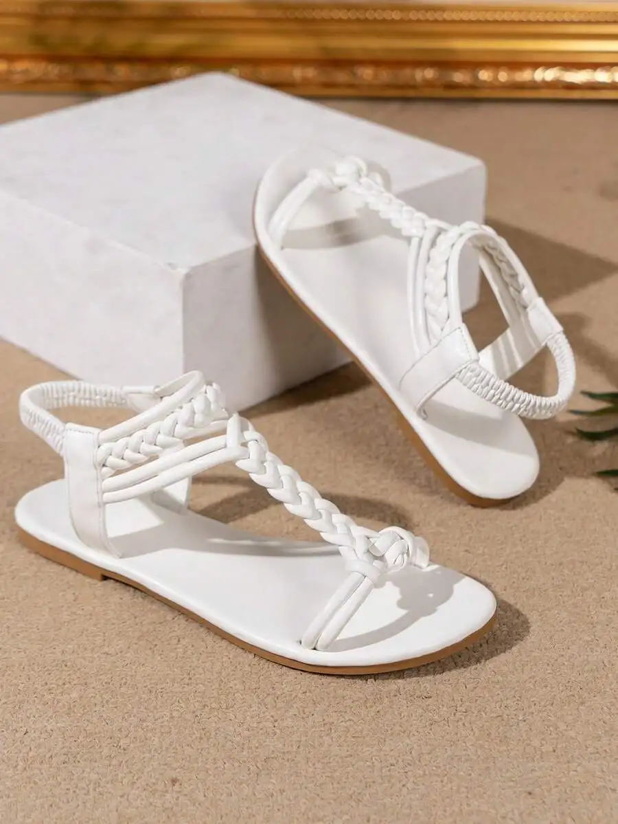 

Womens Woven White T-Strap Flat Sandals For Beach Holiday Summer
