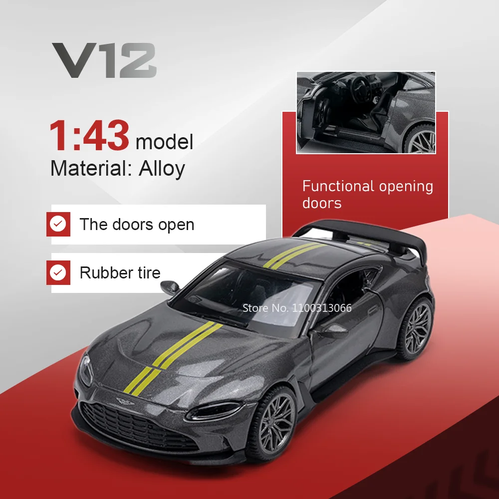 

1:43 V12 Model Diecast Alloy Car Miniature Toy Vehice Doors Opened Rubber Tire Mental Body Comes with Acrylic Box Room Ornaments