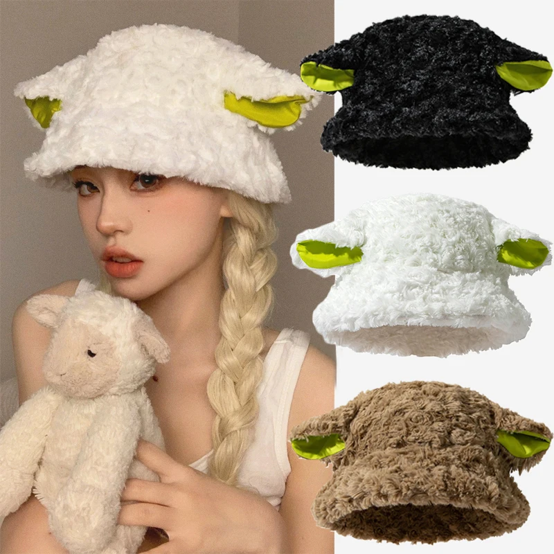 FLuffy Lamb Ear Bucket Hat Cute Sheep Ears Faux Fur Plush Beanies Winter Soft Warm Caps Women Outdoor Warm Panama Fisherman Hats