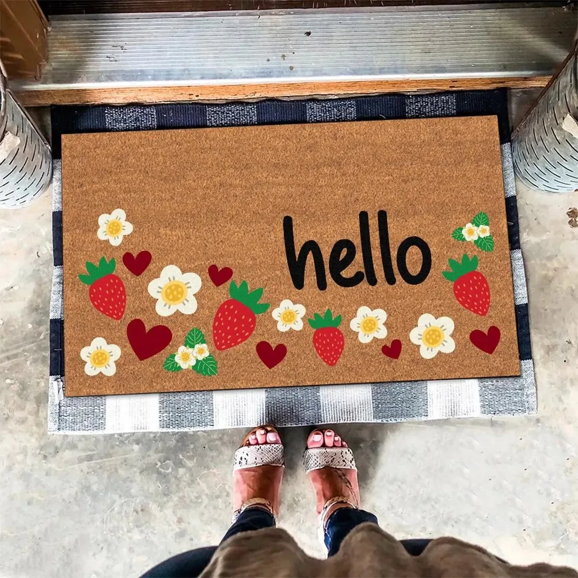 VIKAMA Brown Minimalist Hello Flower Animal Carpet Absorbent Anti Slip Soft Floor Mat Entrance Indoor Home Decoration