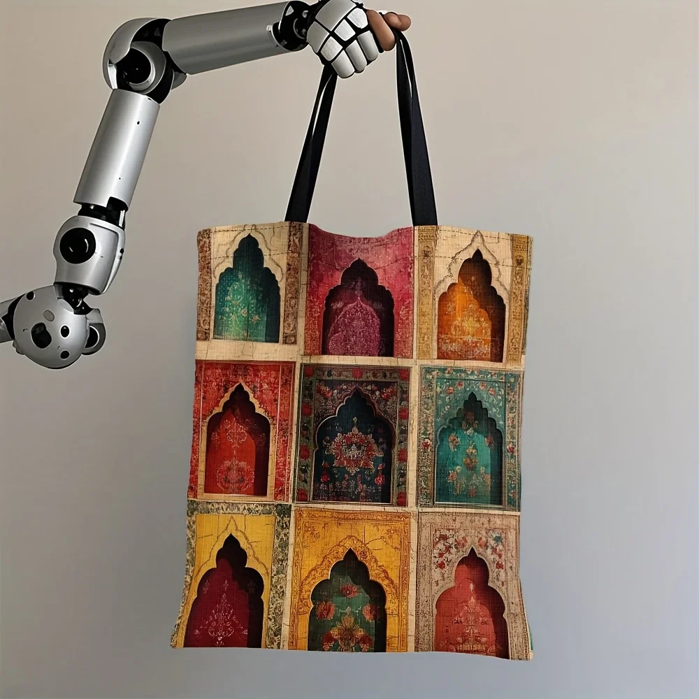 1個 イスラム教モスクプリントトートバッグ - 頑丈なポリエステルキャンバス、アラビアのアーチとイスラム美術デザイン、レッド/ゴールデン/グリーン/ブラック