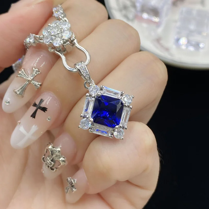 Blue Spinel Fluorescent Light Color-Changing Princess Cut Full Diamond Fashion Pendant Open Ring Women Earring Set