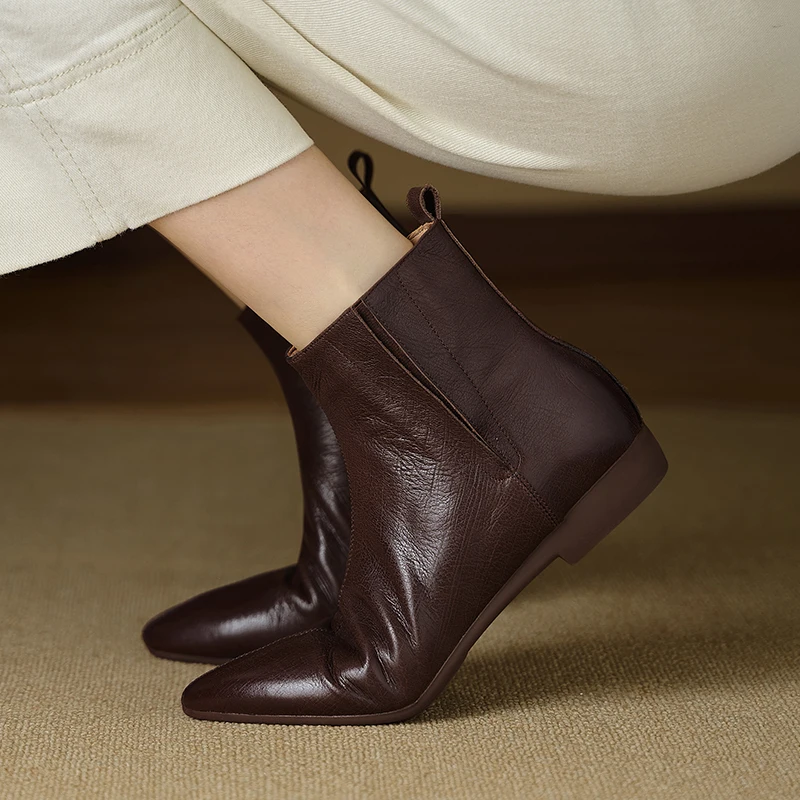 

2025 новые трендовые осенне-зимние женские ботильоны из натуральной кожи, черные, коричневые модные ботинки без шнуровки на низком каблуке с круглым носком