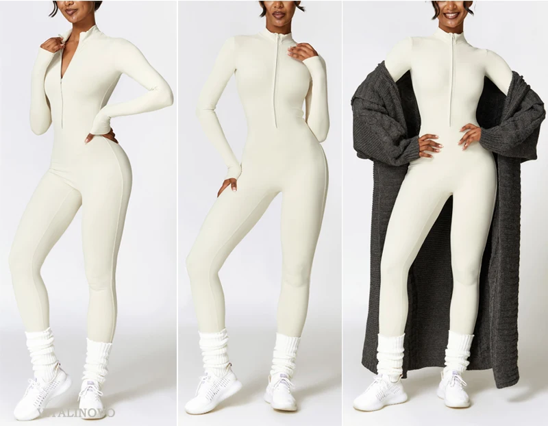 VITALINOVO Damen-Trainingsanzug mit Fleece-Futter, langärmlig, mit Reißverschluss, Yoga-Overall, Winter, warm, Thermo-Einteiler, figurbetonte Hose – Detail 7