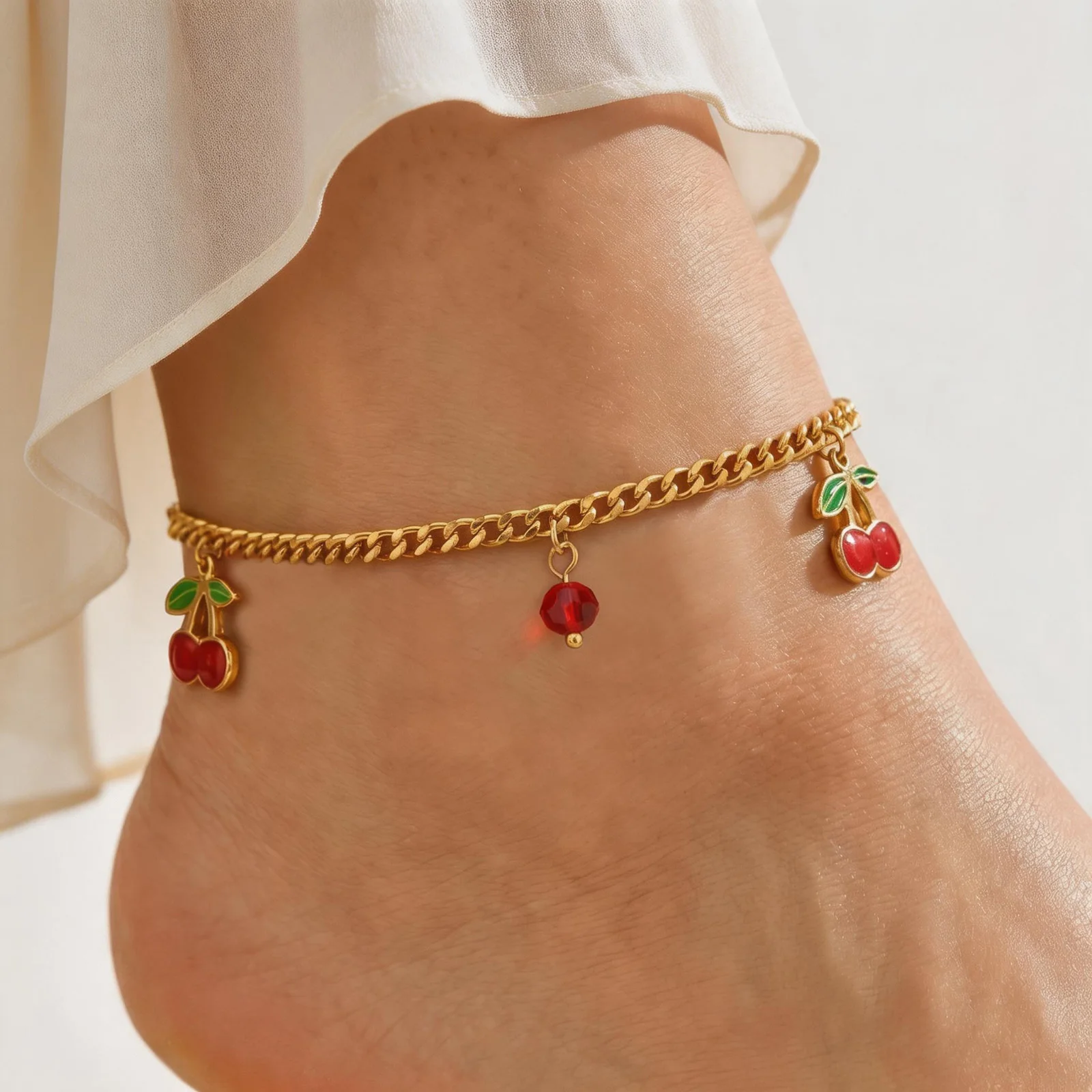 Sweet Cherry Anklet for Women, Stainless Steel Charm Foot Chain Ankle Bracelet, Beach Jewelry Summer Accessories