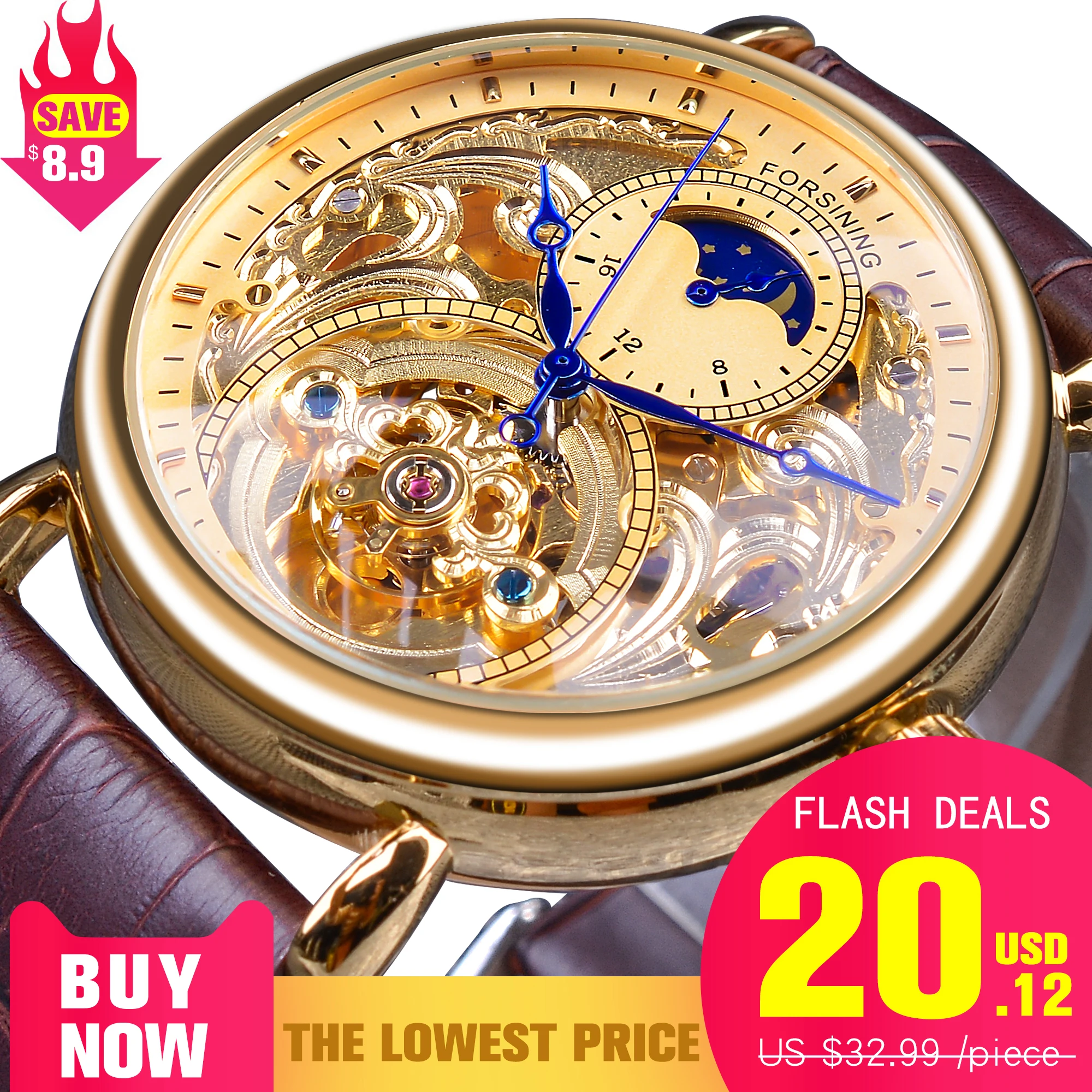 Forsining – montre-bracelet mécanique pour hommes, affichage squelette doré Royal, aiguilles bleues, marron, ceinture en cuir véritable, horloge