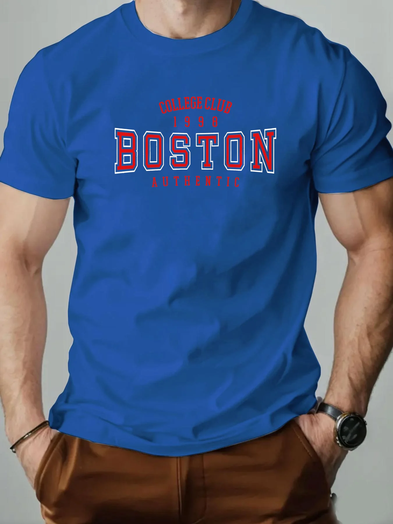 Men's Summer 100% Pure Cotton Fashionable Casual Loose Boston Letter Pattern Printed Sports Round Neck Short Sleeved T-Shirt Top