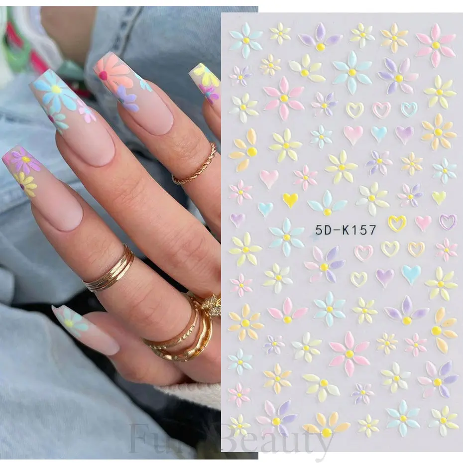 Adesivi per unghie 5D fiori cuore 3D decalcomanie per Nail Art in rilievo primavera Cute Bear Rabbit Sliders decorazioni accessori per Manicure