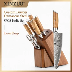 XINZUO 8PCS Damascus Steel Kitchen Knife Set With Kitchen Scissors With Knife Holder With Sharpener Rod Cooking Tools