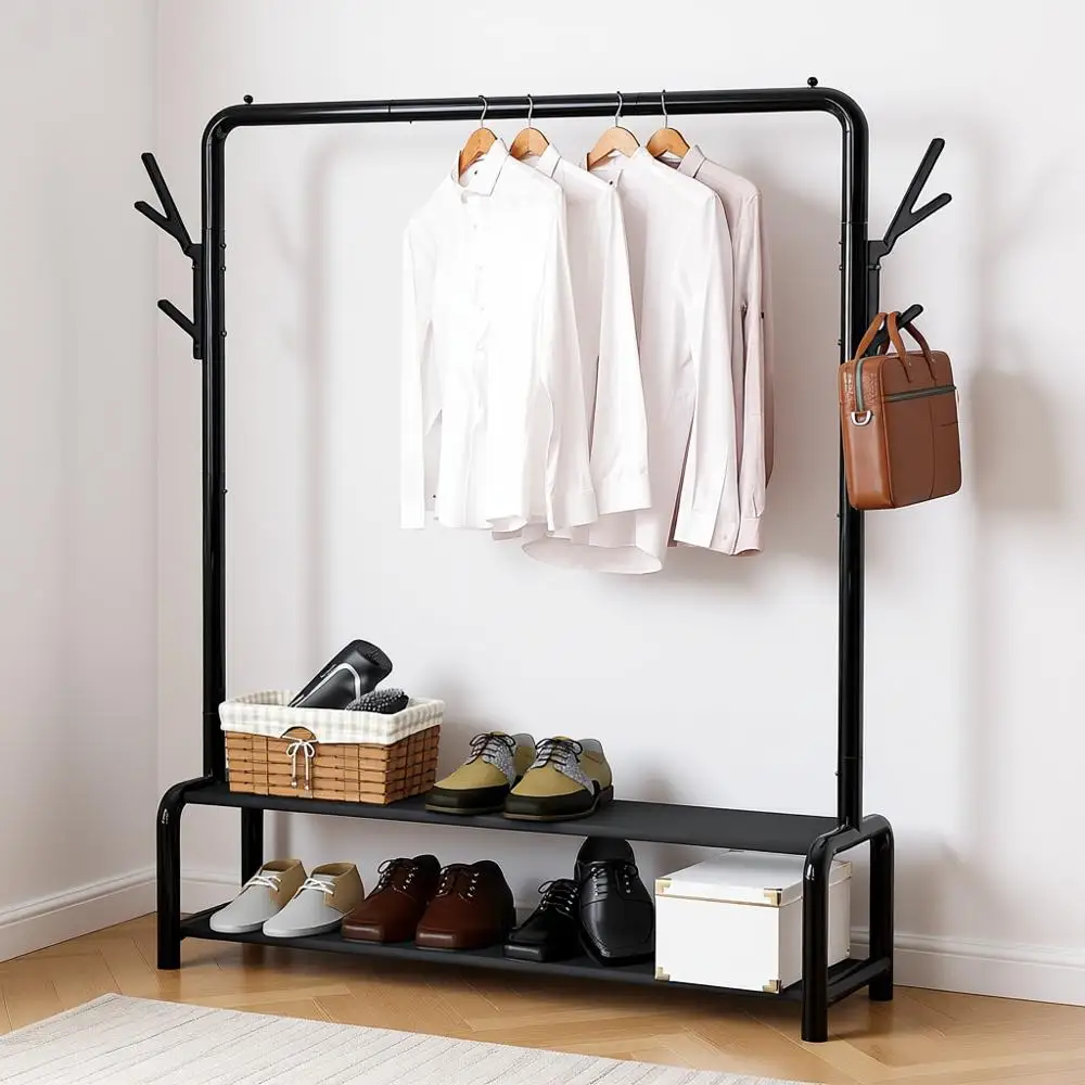 

52-Inch Standing Closet Garment Rack with Storage Shelves and Coat/Hat Hooks, Black