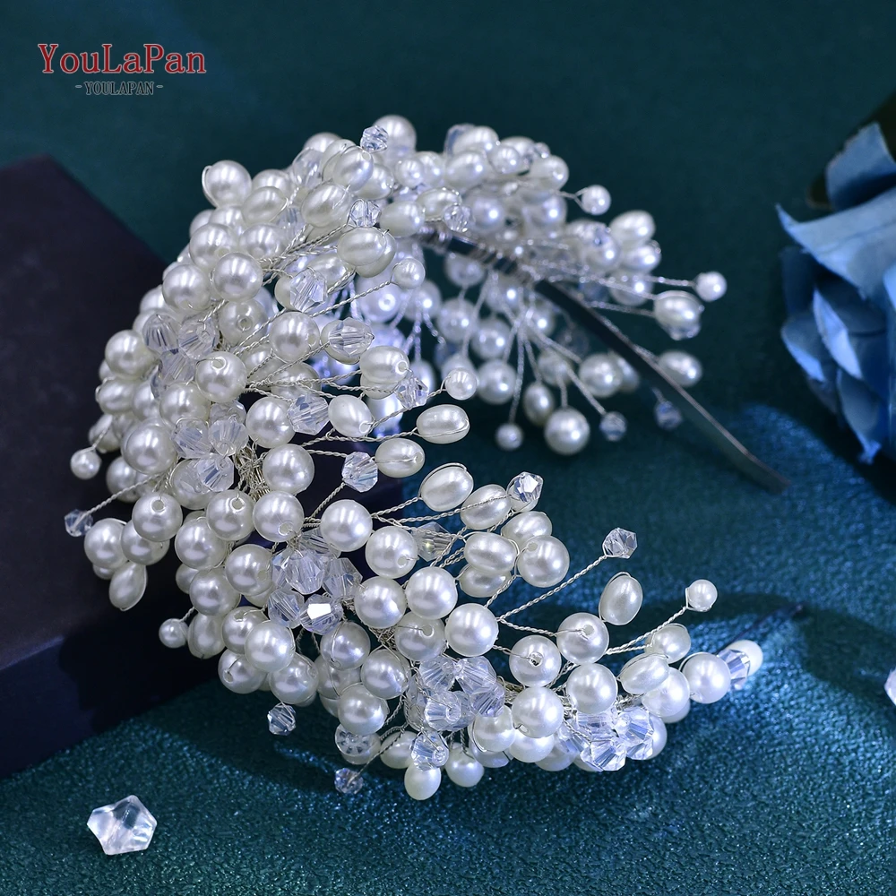 YouLaPan-Aro para el pelo con perlas para novia, tocado de boda de cristal brillante, diadema elegante de Color plateado para fiesta, accesorios para el cabello, HP684