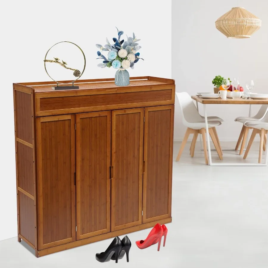 خزانة تخزين الأحذية من الخيزران مع بابين قابلين للطي وتصميم 7 طبقات لمدخل المنزل يتميز بـ 4 أبواب ومقصورة طويلة #5