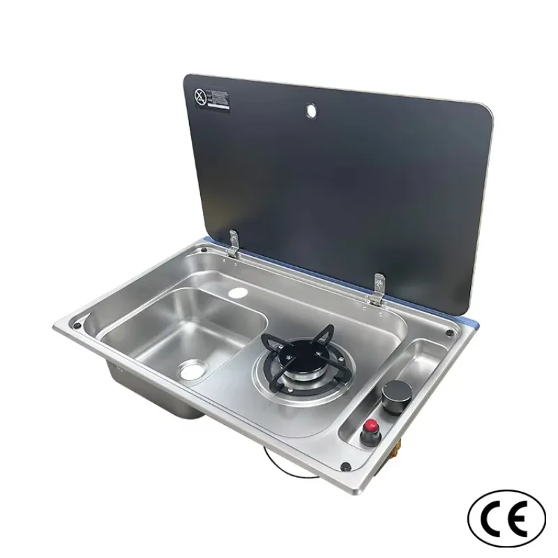 Stainless steel RV sink and stove combination with tempered glass cover for caravans, campers, boats, yachts