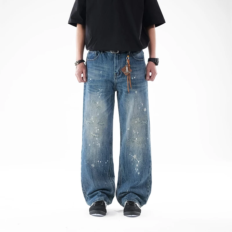 

Paint Splatter Wide Leg Jeans Men Vintage Distressed Loose Casual Denim Pants Streetwear Ripped Trousers No Accessories