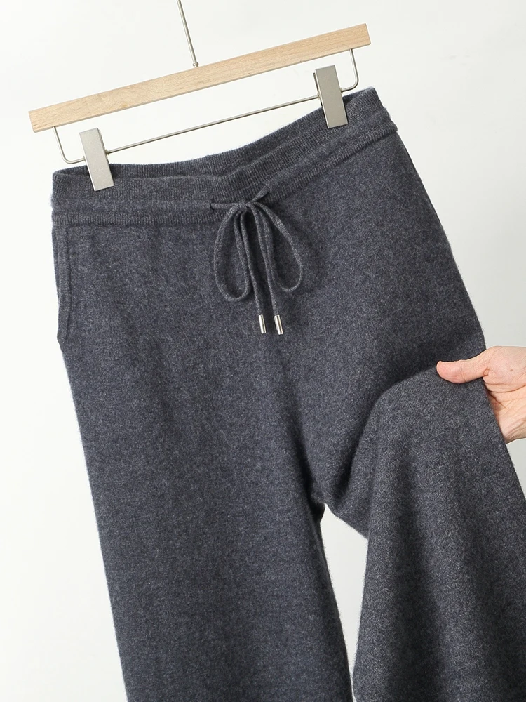 Autumn Winter Men Wool Wide Leg Pants Elastic Waist Drawstring Regular Trousers 100% Merino Wool Knitted Soft Smart Casual Pants