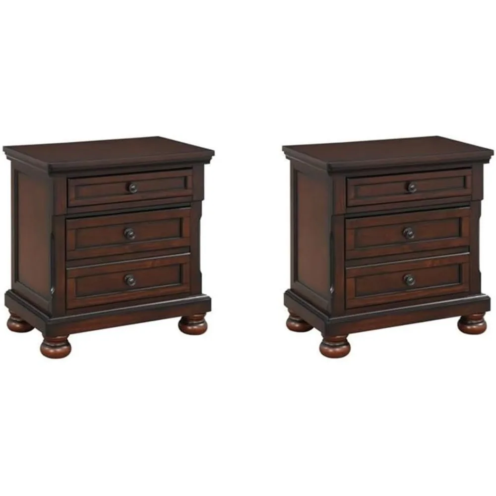 

pair of traditional wooden nightstands with 3 drawers in rich brown cherry finish