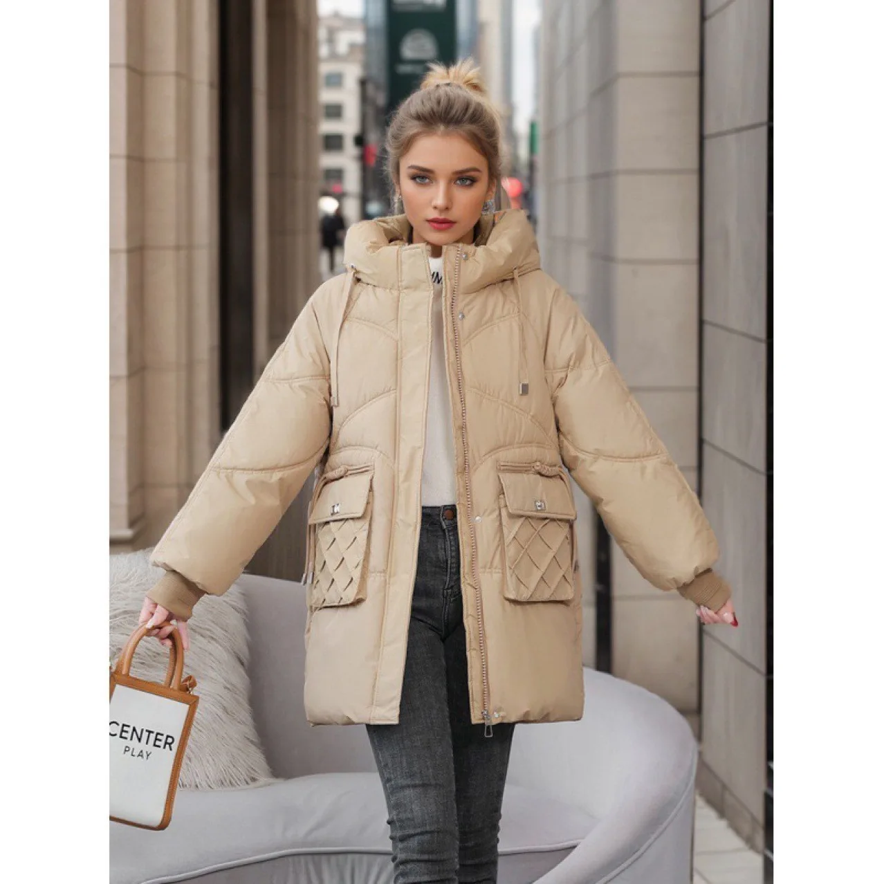 Women's Winter Jacket Down Padded Quilted Mid-Length Loose Hooded Thick Warm Pockets Trendy Fashion Classic Chic Coats Parkas