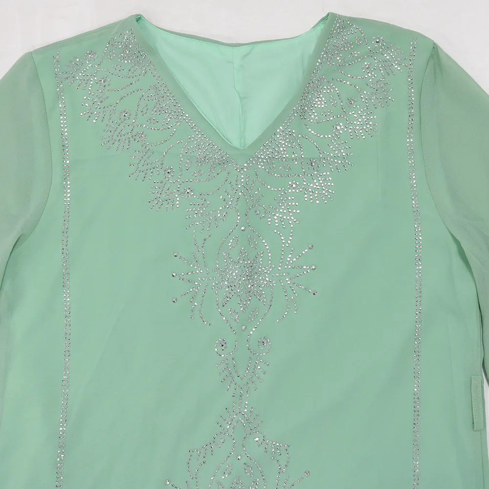 Bescheidene muslimische Frauen kleiden Marokko Kaftan Chiffon Diamant Abaya V-Ausschnitt Langarm lose Gürtel Arab Dubai Kaftan Marocain Eid