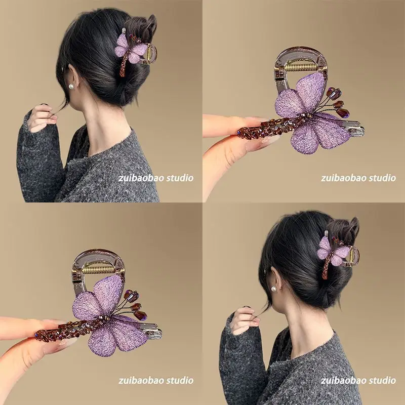 

Butterfly temperament retro style embroidery butterfly grip clip, female back of the head half tied hair shark clip