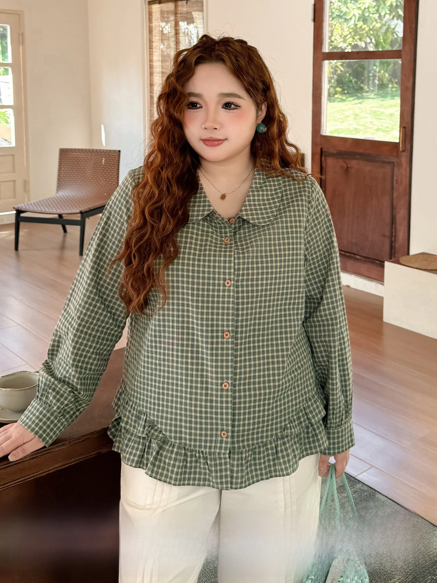 

plus Size Women's irt Artistic Plaid Long Sve Slimming Vintage Floral Casual Loose Fit Spring Cotton Blend