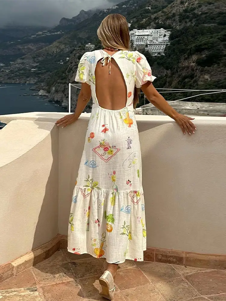 

Fashion Backless Women Printed Maxi Dress Elegant O-neck Puff Short Sleeve Pleated Hem Dresses Summer Lady Casual Vacation Robes