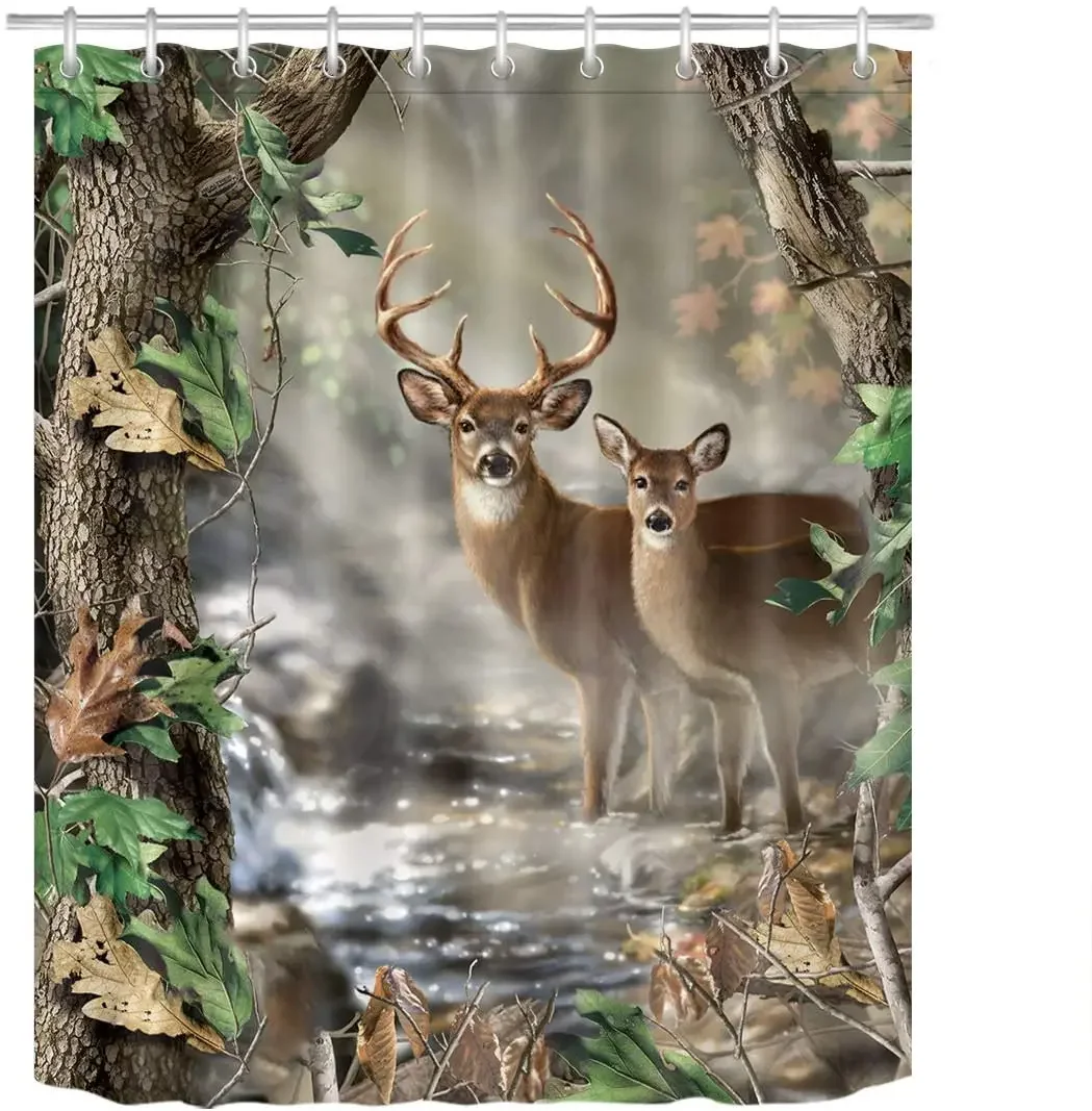 Farmhouse Christmas Deer Rustic Country Style Wildlife Hunting Elk Foggy Forest Shower Curtain