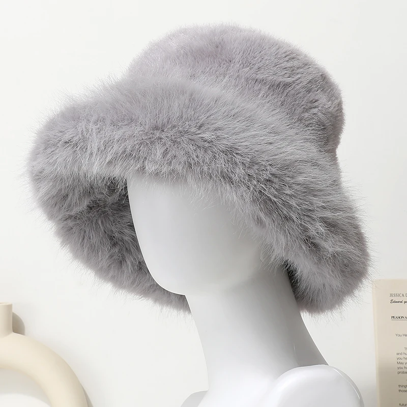 Große Faux Pelz Eimer Hut für Frauen Dicke Plüsch Warme Schöne Flauschigen Winter Hut Dame Luxus Mode Pelzigen Panama Fischer Kappe – Detail 14