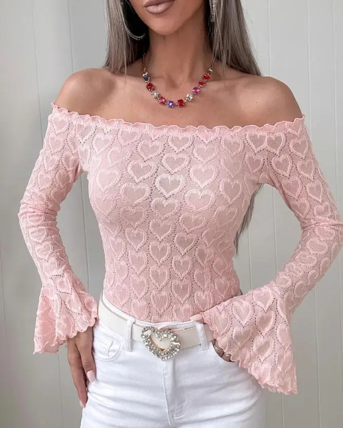 Women's Top 2026 New Spring Autumn Heart-Shaped Jacquard Off Shoulder Flared Long Sleeve Slim Fit Daily Casual Basic Top