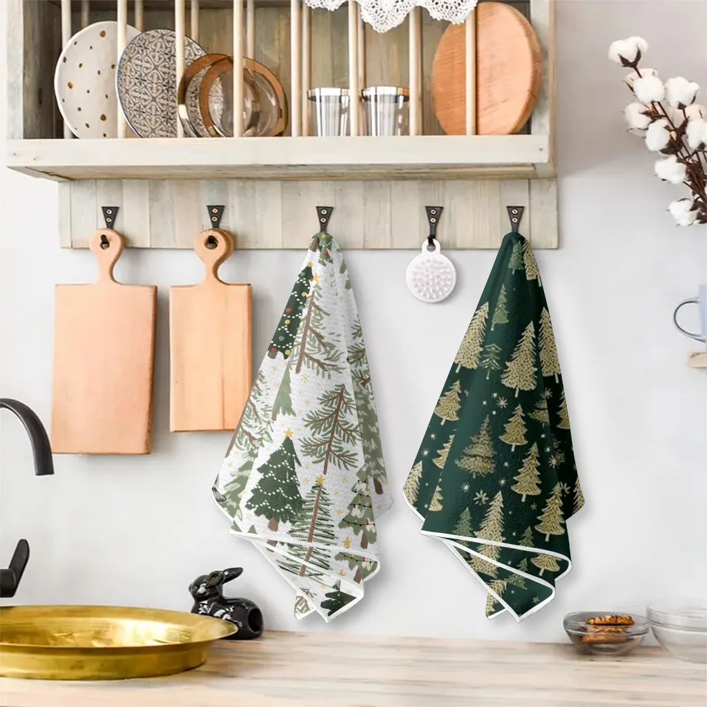 2-Pack Christmas Tree Print Household Simple Cleaning Cloths, Scouring Pads, Dish Towels, Tea Towels and Placemats, Used for Washing and Drying Household Items, Soft Absorbent Drying Cloth, Lint-Free, Non-Fading, Reusable.