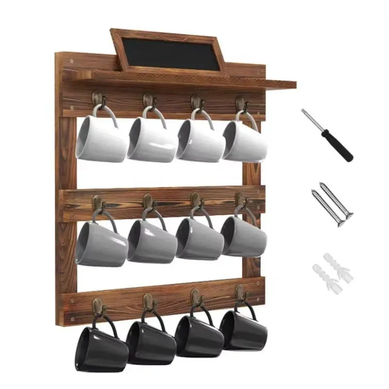 Country Style Kitchen Floating Solid Wood Tea Set Storage Rack Wall Mounted Shelf Organizer for Teapot and Cup Display