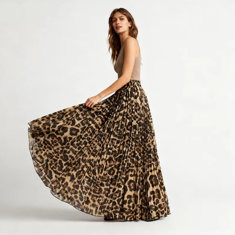 

Chiffon Leopard Pleated Long Skirts Casual Vintage Elastic High Waist Dance Skirts Female Spring Summer Autumn 2026 New