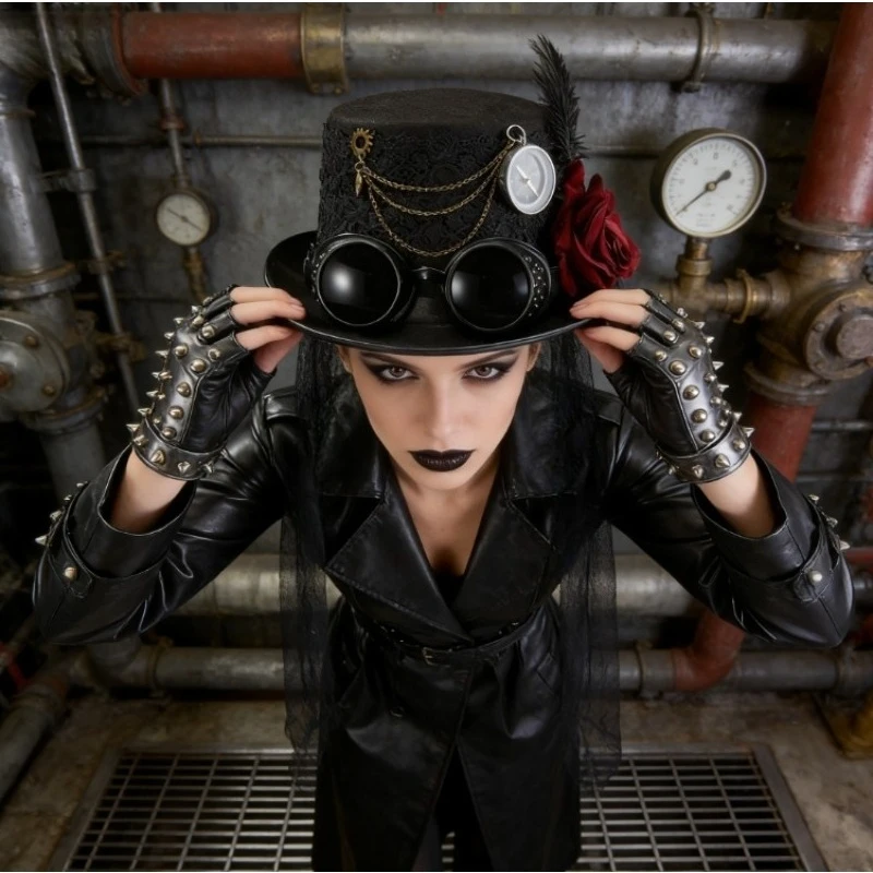 

Готический головной убор в стиле стимпанк-лолита с розовым кружевом, очками и перьями, ретро-аксессуары в темном стиле