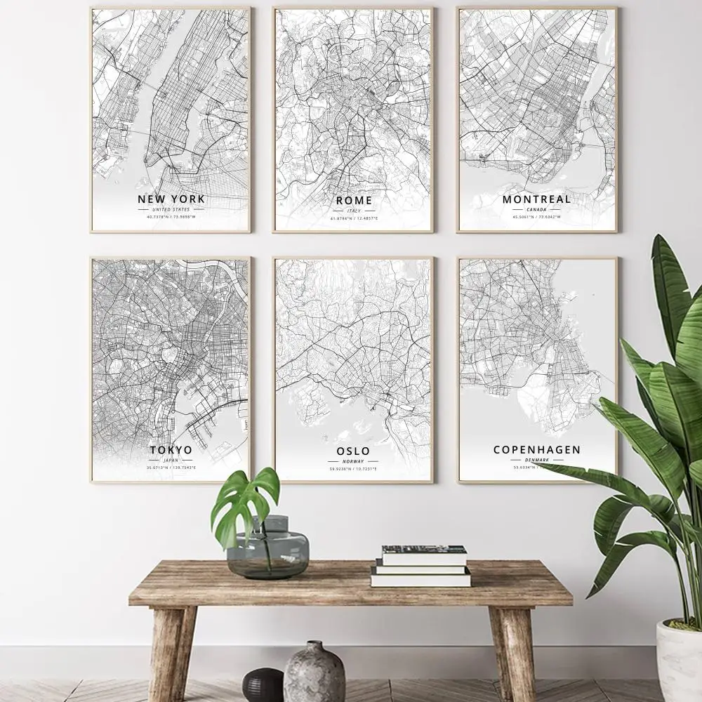 خريطة أبيض وأسود لوس أنجلوس نيويورك اللوحة الخط HD قماش المشارك غرفة المعيشة غرفة نوم بار الديكور الجمالي