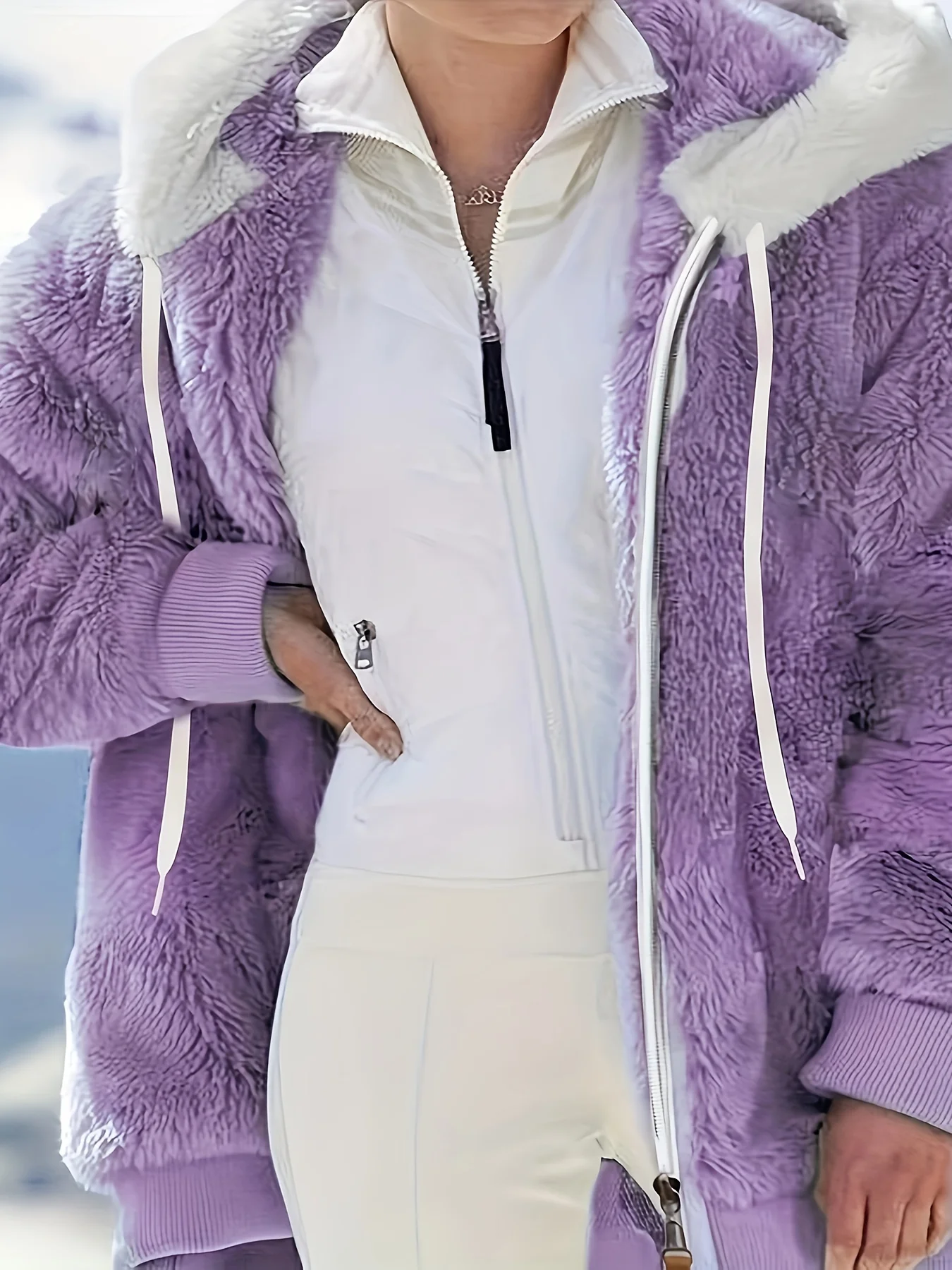 Große Winterjacke im neuen Stil aus Fleece mit lockerem Reißverschluss und Kapuze in reiner Farbe für Damen. – Detail 2