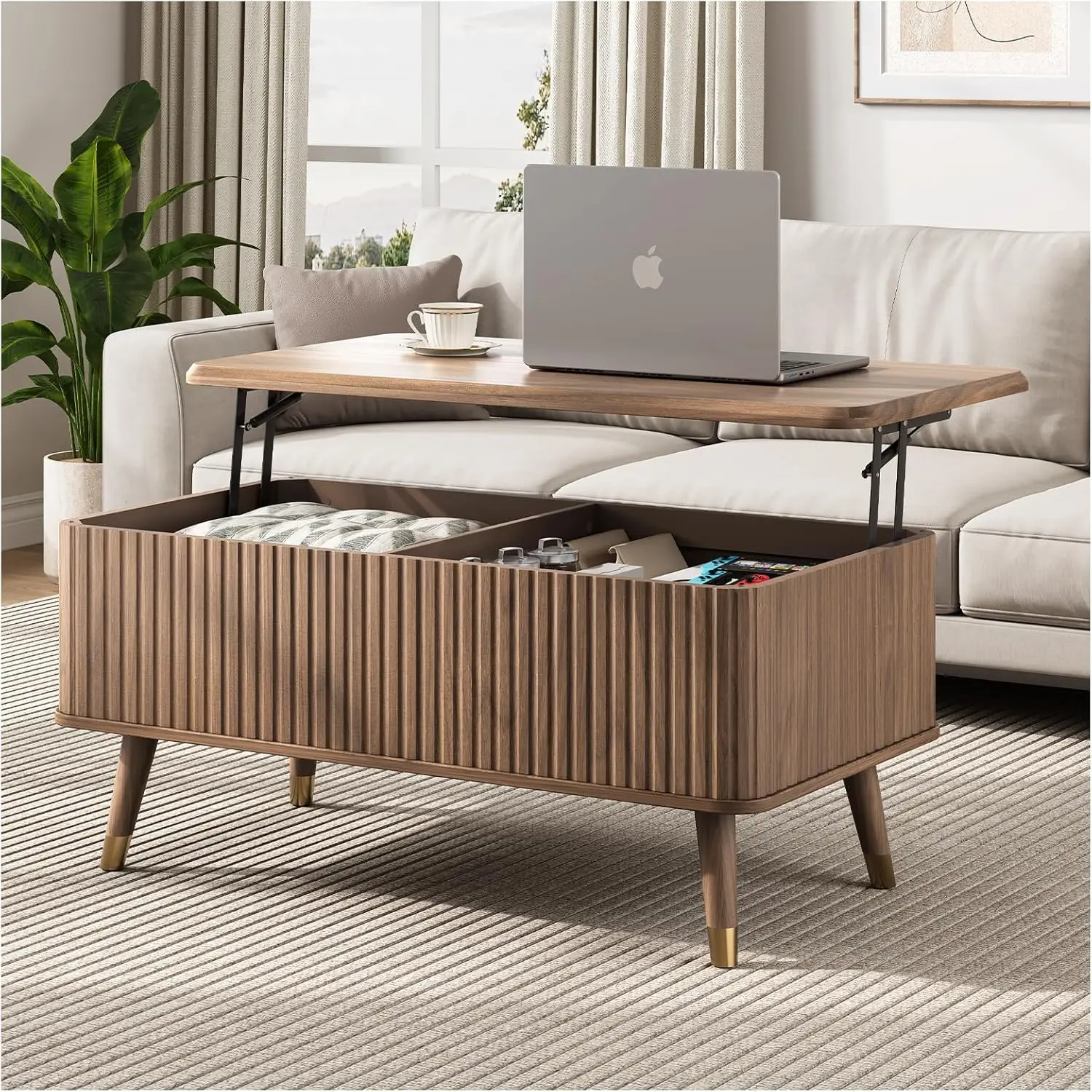 

Lift Top Coffee Table with Storage, Mid Century Modern Fluted Wood Design,Pop-Up Walnut Center Table with Hidden Compartment