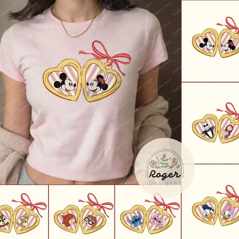 Y2k Mickey Minnie Disney Couple Girls Short Sexy Shirts Clothes Baby Tee Gift Girls Cropped Top Crop Coquette Bow Valentine 2025