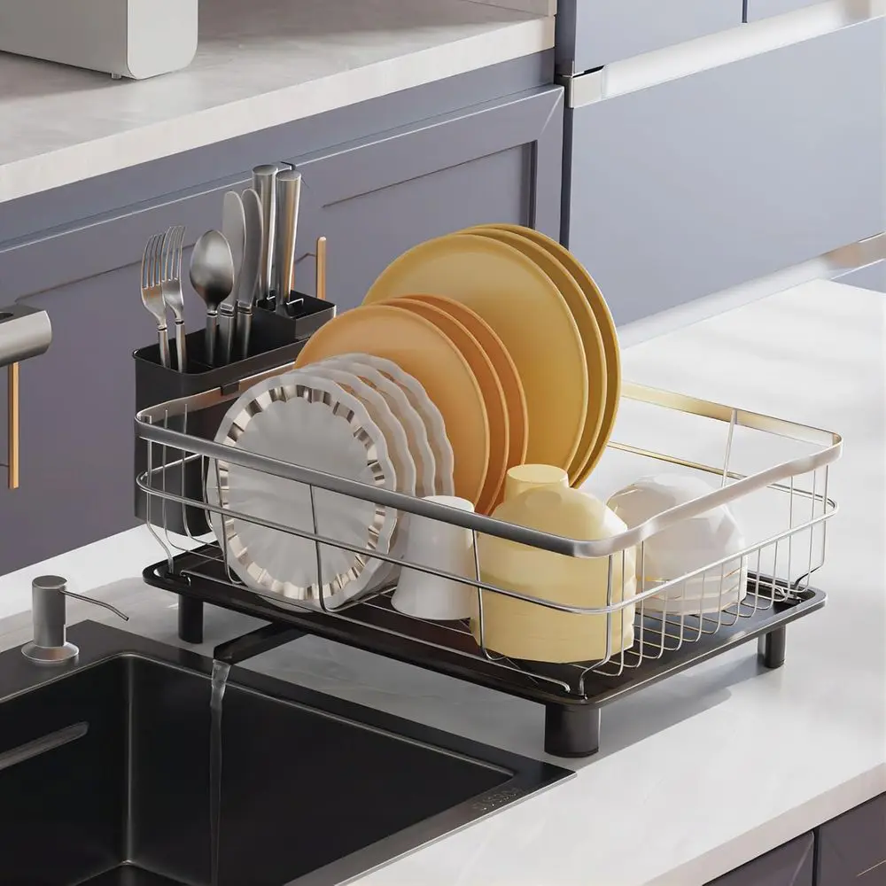 

StainlSteel Dish Drying Rack with Drainboard Dish Drainers or Kitchen Counter Exble Spout Strainers with Utensil Holder and Knie