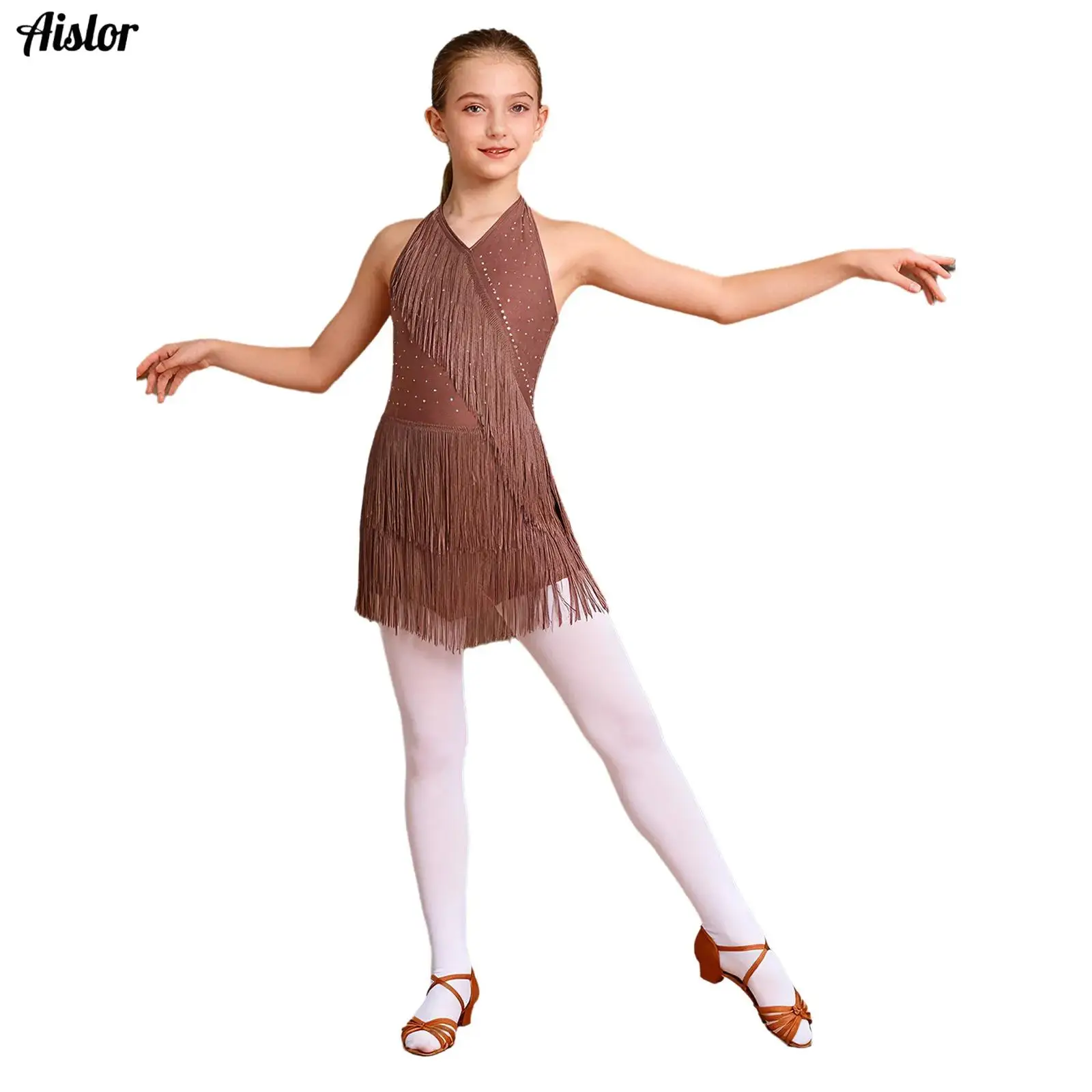 

Kids Girls Latin Dance Costume Glittery Rhinestones Fringe Leotard Dress Halter V-neck Sleeveless Strappy Back Tassel Jumpsuit